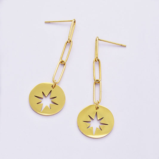 Steel stud drop earring with chain & disc