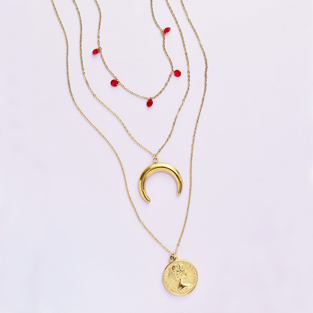 Steel 3 Layered Necklace With Disc & Moon
