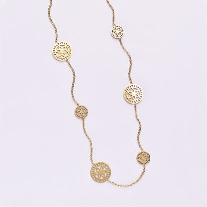 Steel necklace with 6 various-size cut out floral lattice discs
