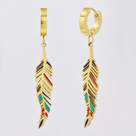 Stainless steel gold huggies with feather earring
