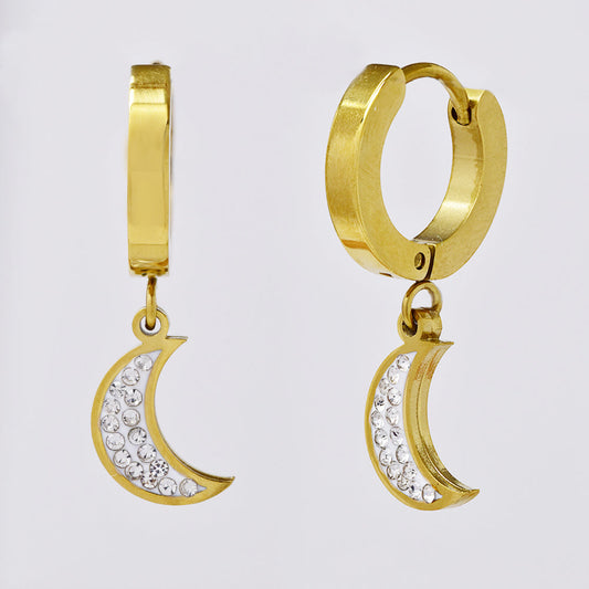 Stainless steel gold huggies with half moon earring
