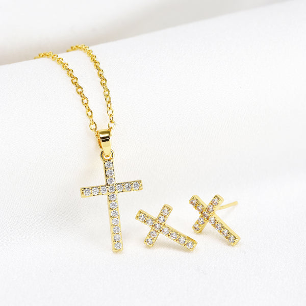 Cubic Zirconia Cross Necklace and Earring Set