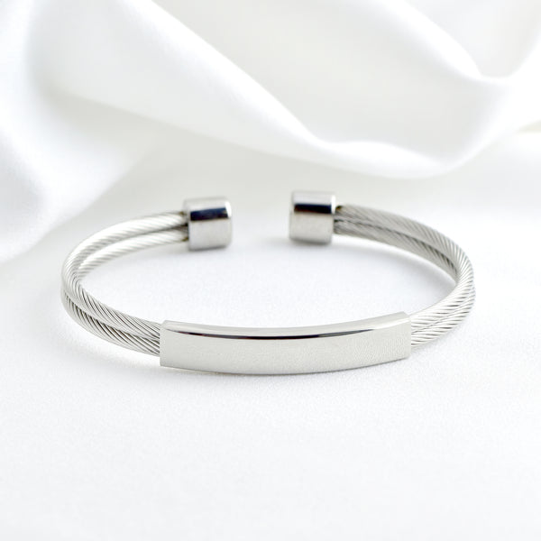 Stainless Steel Cable Cuff Bracelet with Polished Plate