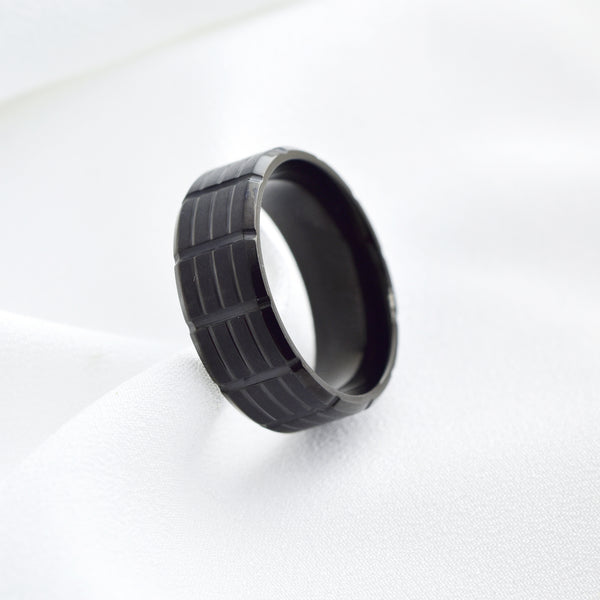 Stainless Steel Matte Black Grid-Pattern Ring