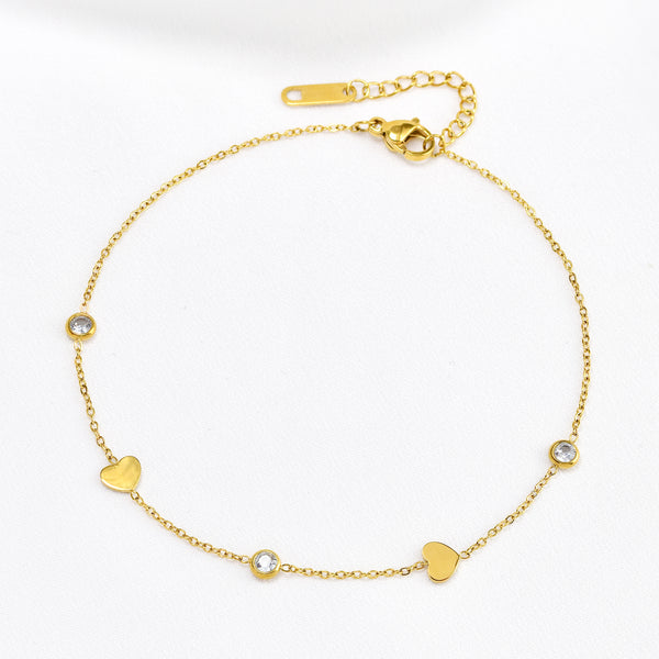 Waterproof Stainless Steel Crystal & Heart Charm Anklet