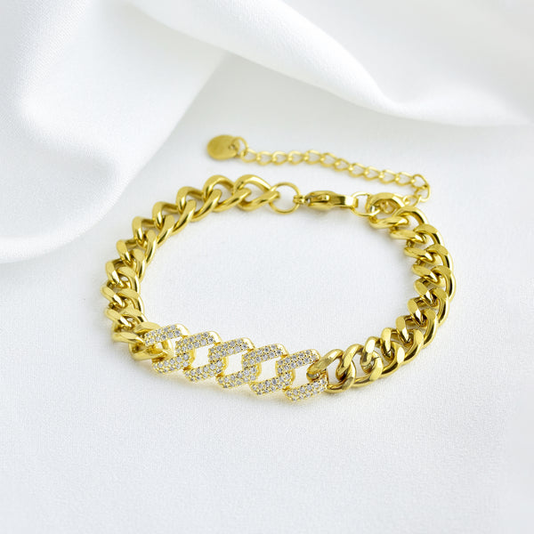 Stainless Steel Cuban Link Cubic Zirconia Bar Bracelet