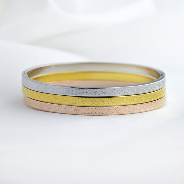 Stainless Steel Flower Engraved Bangle 3 Pack