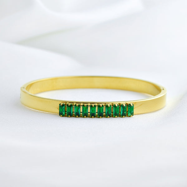 Stainless Steel Bangle with Green Emerald-Cut Stones