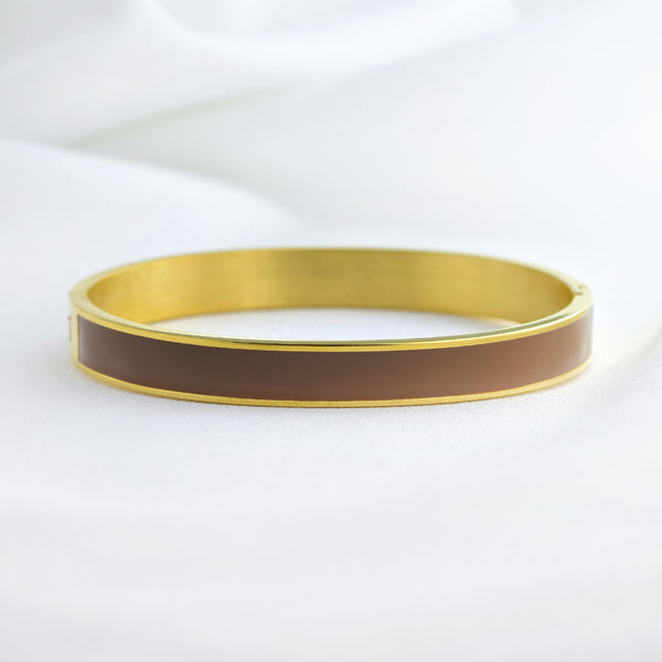 Stainless Steel Gold-Tone Brown Enamel Bangle