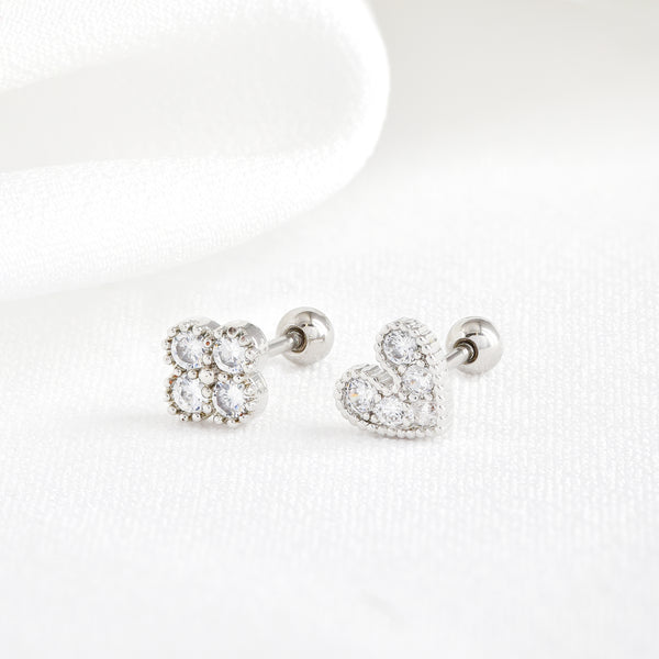 Stainless Steel Pave Cubic Zirconia Heart & Flower Piercings 2 Pack