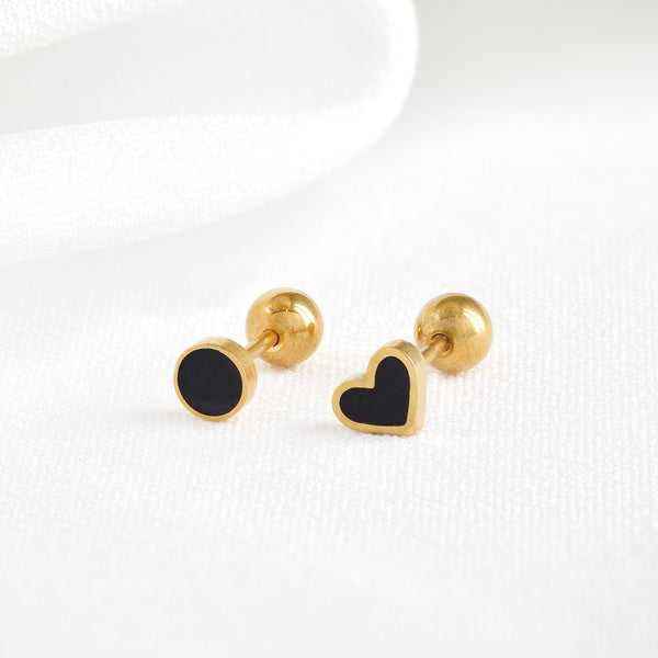 Stainless Steel Gold & Black Disc & Heart Cartilage Piercing 2 Pack
