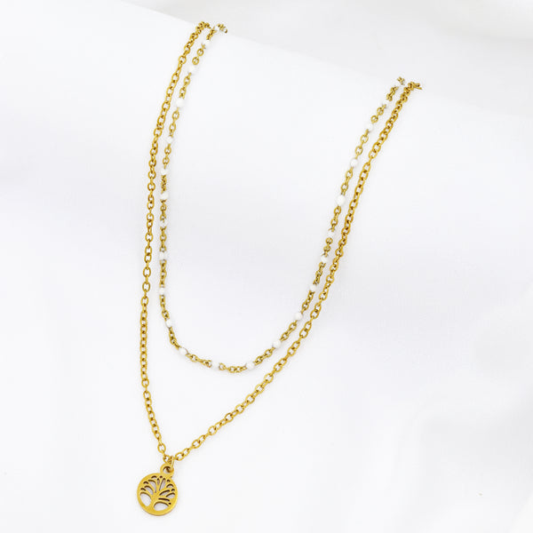 Stainless Steel Double Chain With Tree of Life Disk Necklace