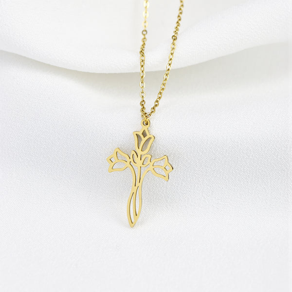 Waterproof Stainless Steel Rose Cross Necklace