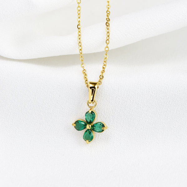 Waterproof Stainless Steel Green Flower Necklace