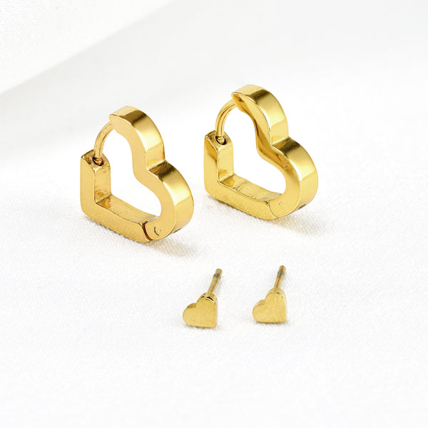 Waterproof Stainless Steel Heart Huggie & Stud Pack