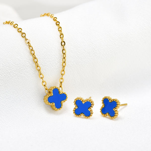 Waterproof Steel Enamel Clover Necklace and Earring Set
