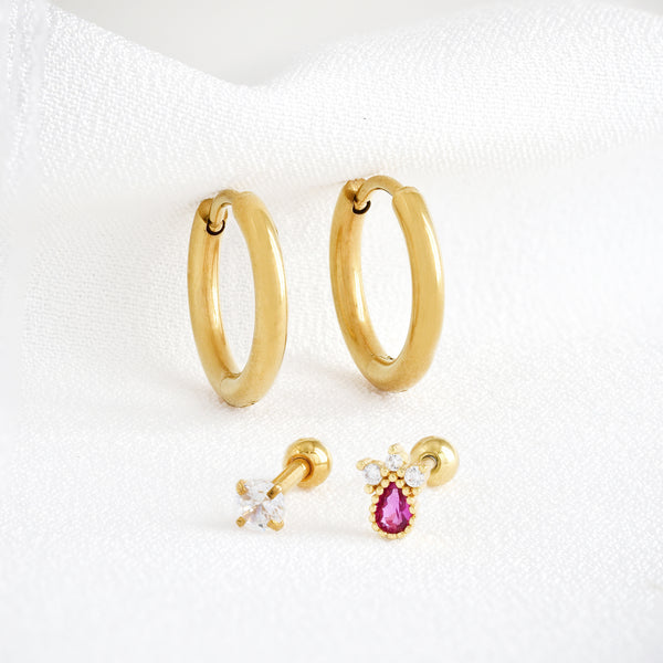 Stainless Steel Sleepers & Cubic Zirconia Teardrop Piercing 3 Pack
