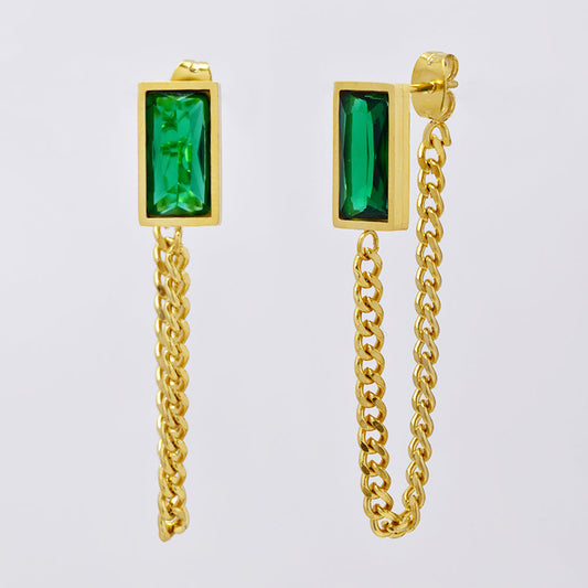 Stainless steel gold plated chain earrings with emerald green baguettes