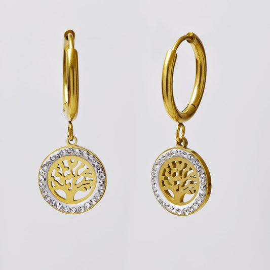 Stainless steel gold hoop with tree of life earring