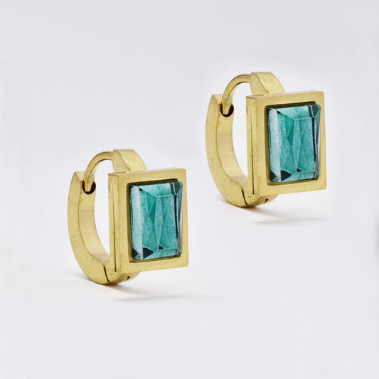 Stainless steel gold huggies with green emerald cut stone earring