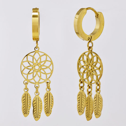 Stainless steel gold huggies with dream catcher earring