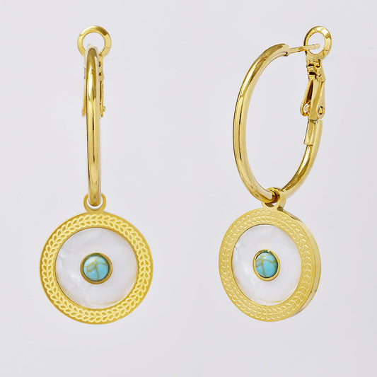Stainless steel gold hoop with Mother of Pearl and turquoise stone earring
