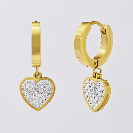 Stainless steel gold hoop with encrusted heart earring