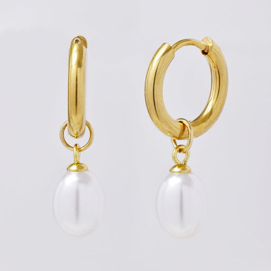 Stainless steel gold hoop with faux pearl earring