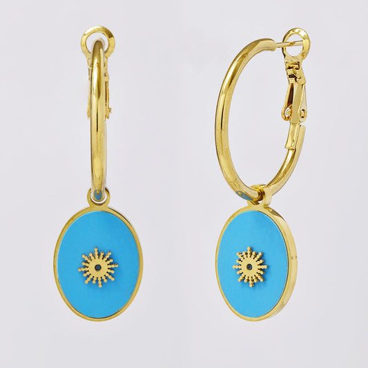 Stainless steel gold hoop with round turquouise disc earring
